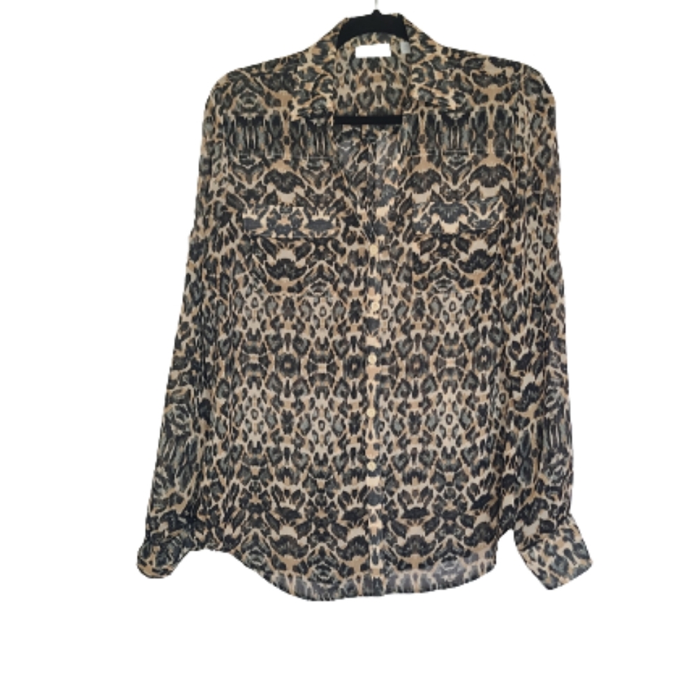 New York & Co. Womens Leopard Cheetah Ikat Printed Button Down Shirt Top Blouse